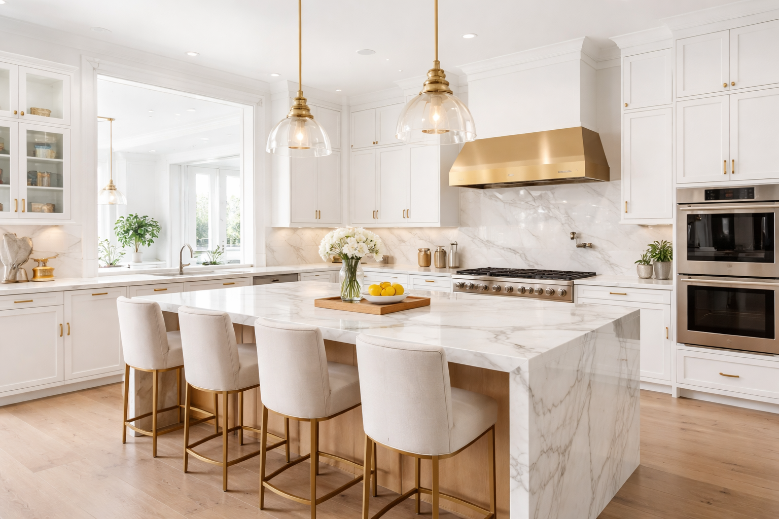 Full kitchen remodel — modern white cabinetry, marble island, Seattle